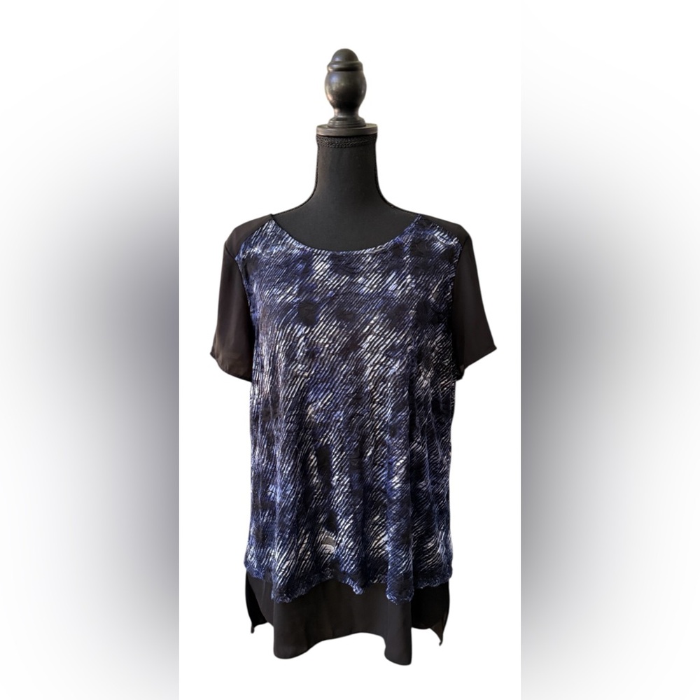Ab Studio: Black, White, and Blue Top with Sheer Black Trim and Lace Overlay